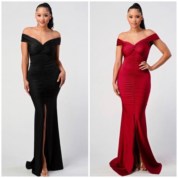 Elegant Ruched Off Shoulder Mermaid Maxi Dress - Picture 1 of 9